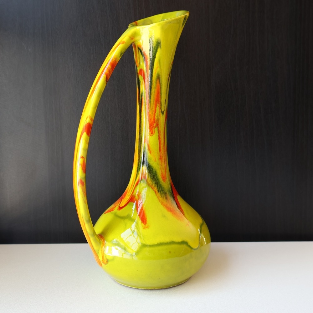 Vintage Mid Century Yellow Orange Drip Glaze Ceramic Ewer Pitcher Vase 9" - Picture 4 of 8